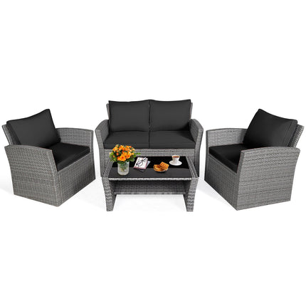 4 Pieces Patio Rattan Furniture Set Sofa Table with Storage Shelf Cushion