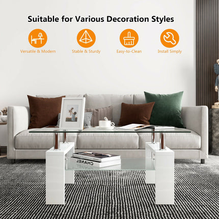Rectangular Tempered Glass Coffee Table with Shelf
