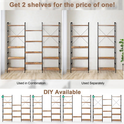 Large Triple Wide Floor Standing Bookcase Display Shelf with Metal Frame-Rustic Brown