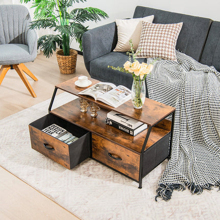 Dresser TV Stand with 2 Folding Fabric Drawers and Open Shelves-Rustic Brown