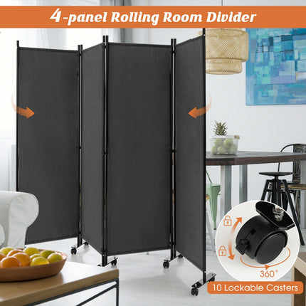4-Panel Folding Room Divider 6 Feet Rolling Privacy Screen with Lockable Wheels