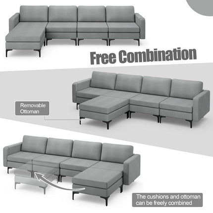 Modular L-shaped Sectional Sofa with Reversible Ottoman and 2 USB Ports