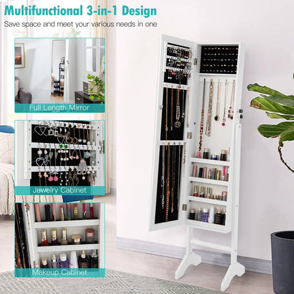 Free-Standing Jewelry Cabinet with Full-Length Mirror and Lockable Door