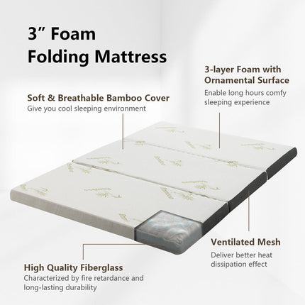Portable Tri-fold Memory Foam Floor Mattress Topper Portable with Carrying Bag