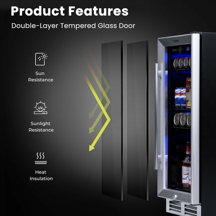 15 Inch 100 Can Built-in Freestanding Beverage Cooler Refrigerator with Adjustable Temperature and Shelf-Silver