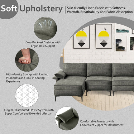 Extra Large L-shaped Sectional Sofa with Reversible Chaise and 2 USB Ports for 4-5 People