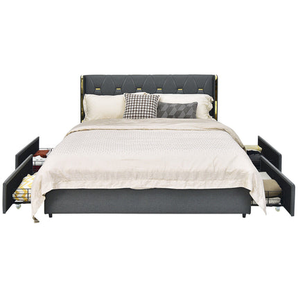 Full/Queen Size Upholstered Bed Frame with 4 Storage Drawers