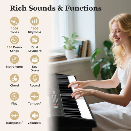 88 Key Foldable Piano Keyboard Portable Semi Weighted Electric Piano-Black