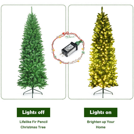 6 Feet PVC Hinged Pre-lit Artificial Fir Pencil Christmas Tree with 150 Lights