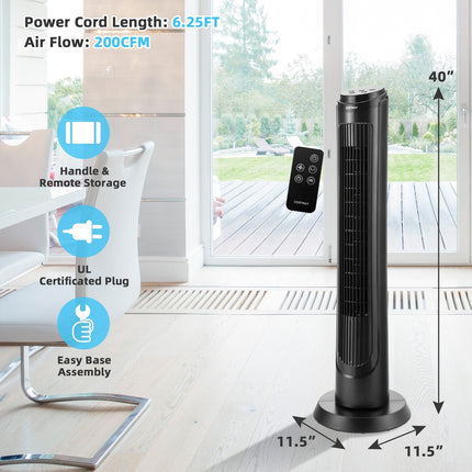 40 Inch Tower Fan with Remote 75Àö Oscillating Fan with 3 Wind Modes and 4 Wind Speeds-Black