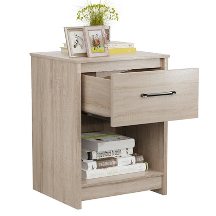 Wooden Nightstand with Drawer and Open Storage Compartment