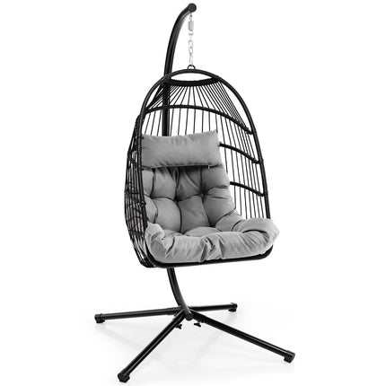 Patio Hanging Egg Chair with Stand Waterproof Cover and Folding Basket-Gray
