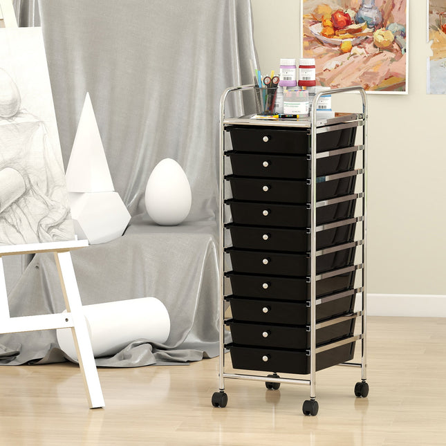 10-Drawer Rolling Storage Cart with Metal Frame and Lockable Universal Wheels