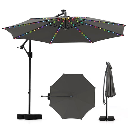 10 Feet Solar Offset Hanging Umbrella with Base and LED Lights
