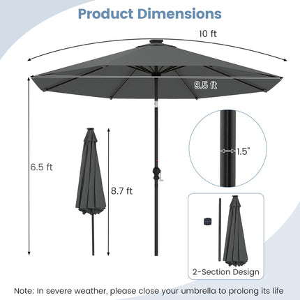 10 Feet Solar Patio Umbrella with 96 Multi-Colored Flowing LED Lights and Tilt Adjustment