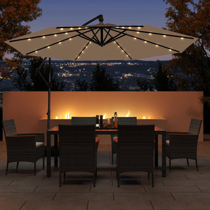 10 Feet Solar Offset Hanging Umbrella with Base and 32 LED Lights-Taupe