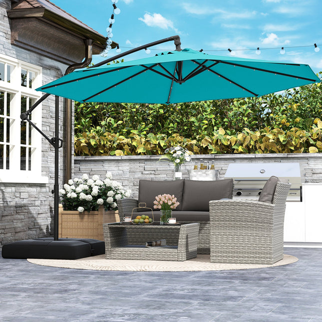 10 Feet Solar Offset Hanging Umbrella with Base and 32 LED Lights-Turquoise