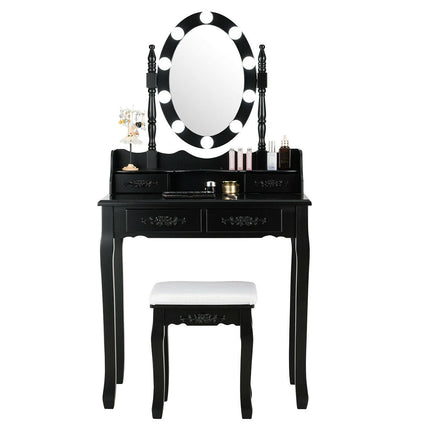 Makeup Dressing Table with Touch Switch Lighted Mirror and Cushioned Stool