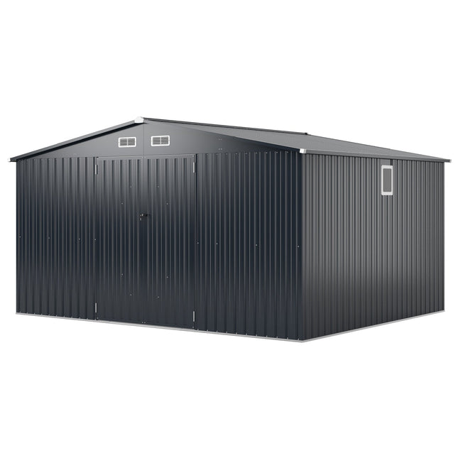 12 x 9.8 Feet Outdoor Storage Shed with Lockable Door and Pitched Roof-Gray