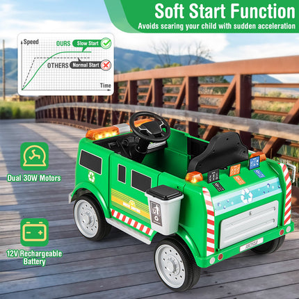 12V Battery Powered Electric Vehicle with Remote Control and Trash Bin-Green