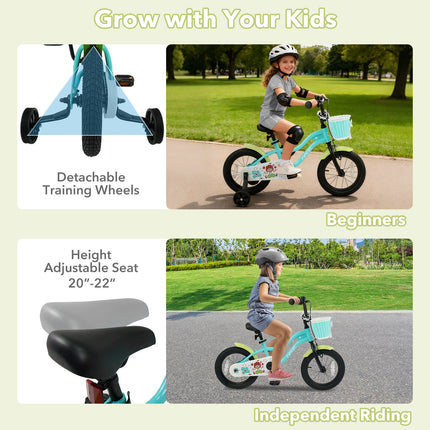 12/14/16 Inch Kids Bike with Training Wheels and Basket Green Color