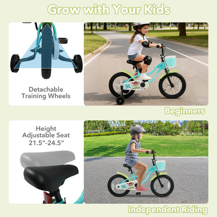 12/14/16 Inch Kids Bike with Training Wheels and Basket Green Color