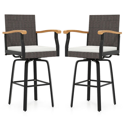 Set of 2 Outdoor 360¬∞ Swivel Bar Stool with Cushion and Acacia Wood Armrests