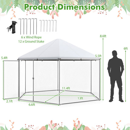 13FT Large Metal Hexagonal Chicken Coop with Wire Mesh and Lockable Door