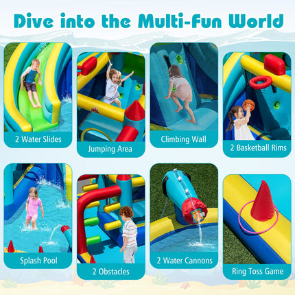 Inflatable Double Water Slide Park with Obstacle Course and Basketball Hoops