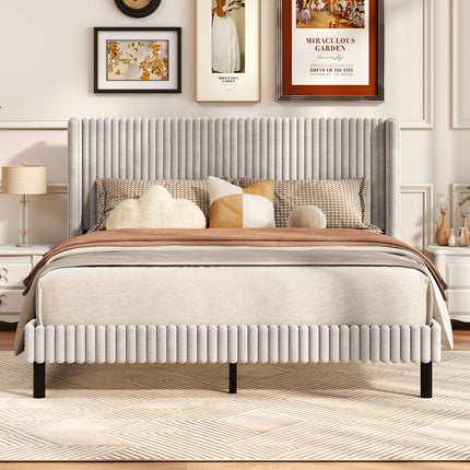Queen Size Velvet Bed Frame with Vertical Channel Tufted Wingback Headboard-White