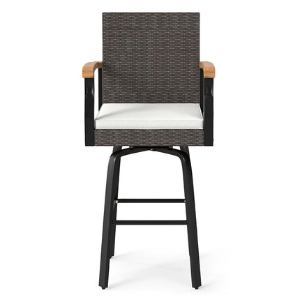 Set of 2 Outdoor 360¬∞ Swivel Bar Stool with Cushion and Acacia Wood Armrests
