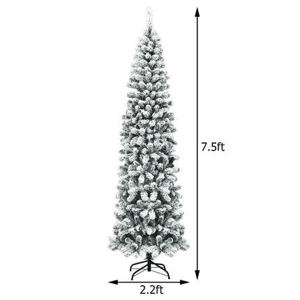 7.5 Feet Pre-lit Snow Flocked Artificial Pencil Christmas Tree with LED Lights