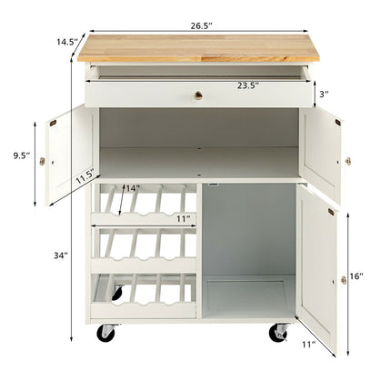 Kitchen Cart with Rubber Wood Top 3 Tier Wine Racks 2 Cabinets