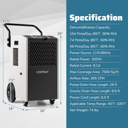 154 Pints Commercial Dehumidifier with Pump and Drain Hoses