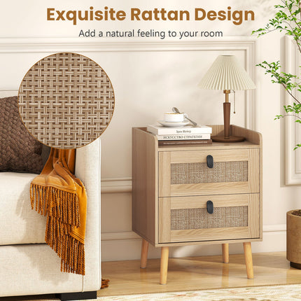 Modern End Table Bedside Table with 2 Rattan Decorated Drawers