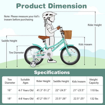18 Inch Kids Bike Bicycle with Training Wheels and 2 Brake System Ages 4-8 Years Old-18 inches
