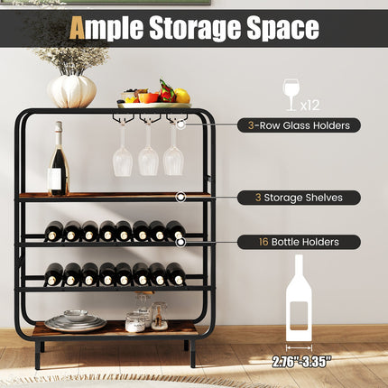 16 Bottle Wine Rack with 5-Tier Wine Shelf and Glass Holders for Kitchen Bar-Rustic Brown