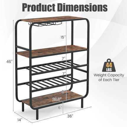16 Bottle Wine Rack with 5-Tier Wine Shelf and Glass Holders for Kitchen Bar-Rustic Brown