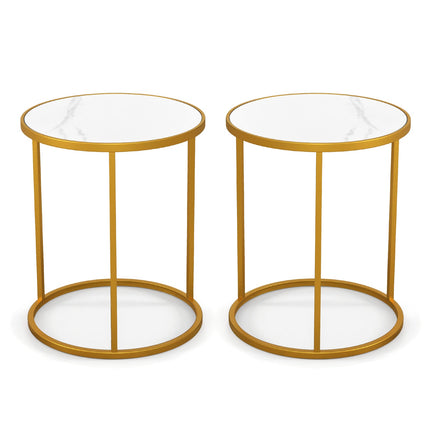16 Inch Marble Top Round Side Table with Golden Metal Frame for Living Room Bedroom