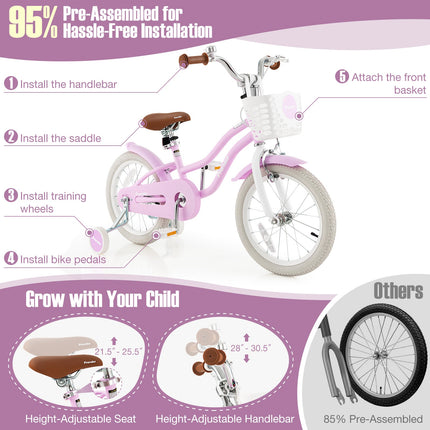16 Inch Kids Bike with Front Handbrake and 2 Training Wheels-Purple