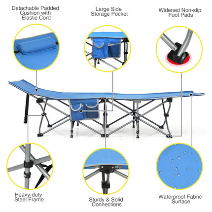 Folding Camping Cot with Side Storage Pocket Detachable Headrest