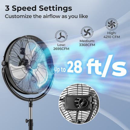 20 Inches High Velocity Pedestal Fan with 3 Speeds and Adjustable Height-Black