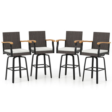 Set of 2 Outdoor 360¬∞ Swivel Bar Stool with Cushion and Acacia Wood Armrests