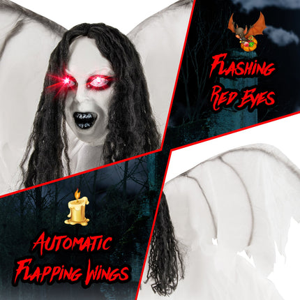 6.6 Feet Halloween Animatronic Standing Angel with Sound-Activated Light-up Eyes and Flapping Wings