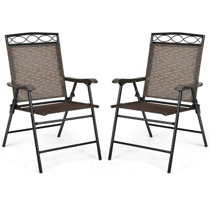 Set of 2 Patio Folding Chairs Sling Portable Dining Chair Set with Armrest