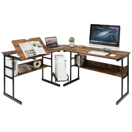 L-Shaped Computer Desk with Tiltable Tabletop