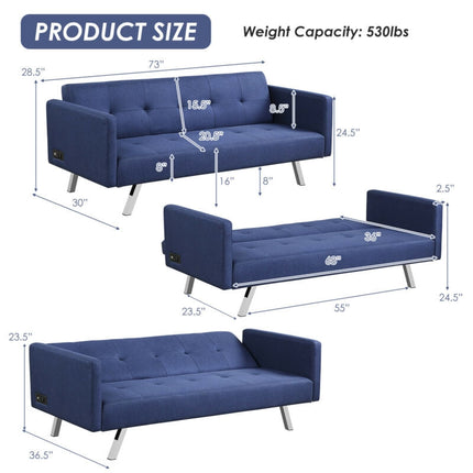 3 Seat Convertible Linen Fabric Futon Sofa with USB and Power Strip