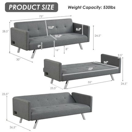 3 Seat Convertible Linen Fabric Futon Sofa with USB and Power Strip