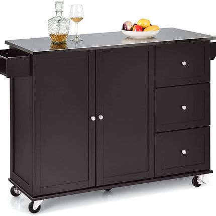 Kitchen Island 2-Door Storage Cabinet with Drawers and Stainless Steel Top