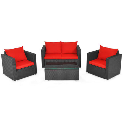 4 Pieces Patio Rattan Conversation Set with Cushions and Coffee Table-Black